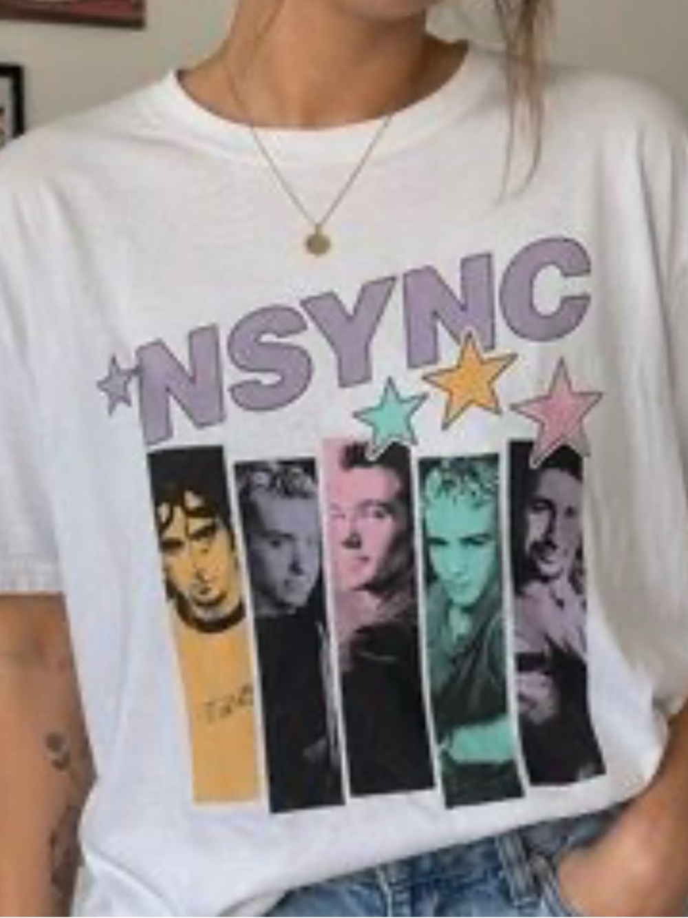 NSYNC White Short-Sleeve Graphic Tee with Pastel Star Accents